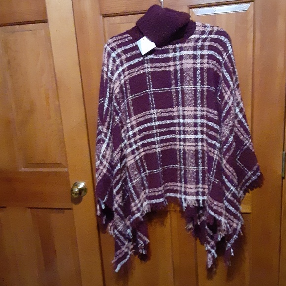 Sweaters - Burgundy Plaid Cowl Neck Poncho